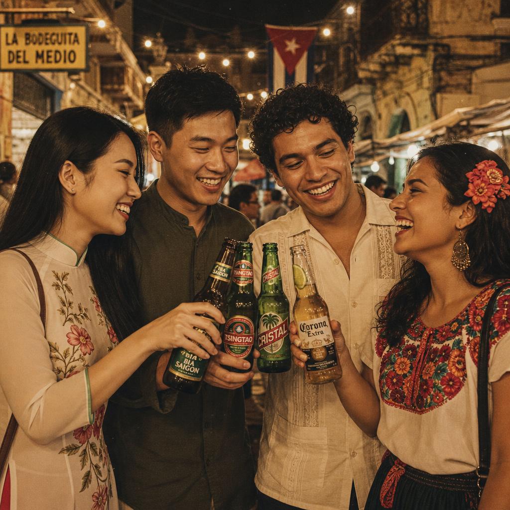 Friends from Vietnam, China, Cuba, and Mexico cheers-ing with their native beers